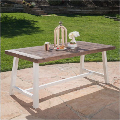 Outdoor Dark Brown Sandblast Finish Acacia Wood Dining Table With White Rustic Metal Finish Frame