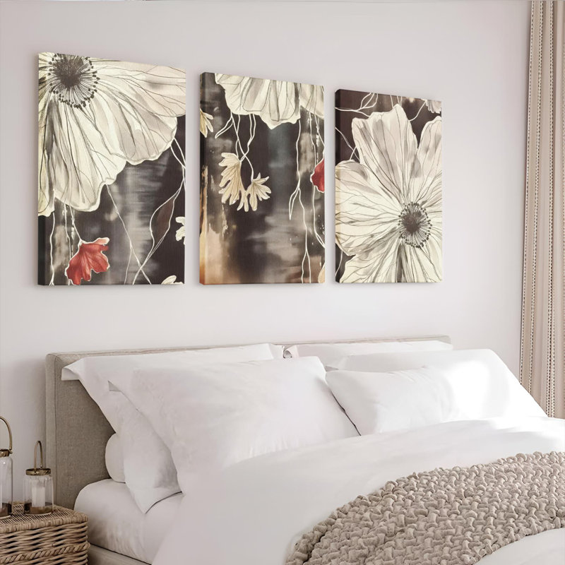 Abstrait floral sur toile tendue, impression monochrome (ensemble de 3), H 30 po x l 60 po