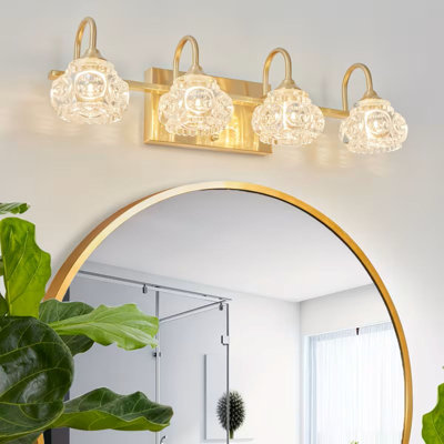 Modern 4-Light Vanity Sconce With Transparent Glass Shades, Brushed Golden Metal, Semi-Flush Mount Wall Lighting For Bathroom, Corridor, Living Room - Dimmable G9 Base (Bulbs Not Included)