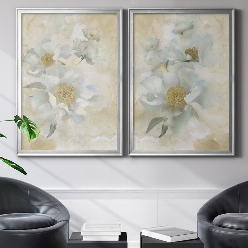 Douces pivoines I - ensemble de 2 reproductions d'art, Pas de tapis, Toile encadrée argentée, H 22,5 po x l 61 po x P 1,5 po