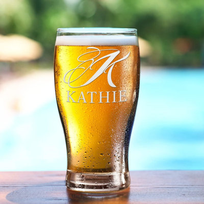 Personalized Pub Glass Script Initial And Name 20 Oz Orange Bottom Etched Beer Glasses With Custom Text Birthday Gift For Men And Women