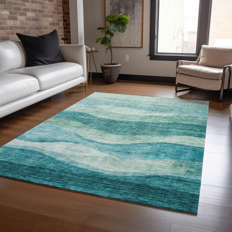 Tapis bleu sarcelle lavable à la machine intérieur / extérieur Lizabeta, Rectangle 5 pi x 7 pi 6 po