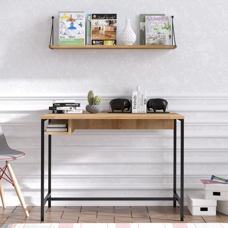 Modern Study Desk with Metal Legs, Sapphire Oak & Black, 39.4 x 29.1 x 23.6 inches | 100% Melamine Coated Particle Board, Thickness: 0.7 inches | Multiple Shelves, Wall-Mountable, Stylish Industrial Design for Home Office