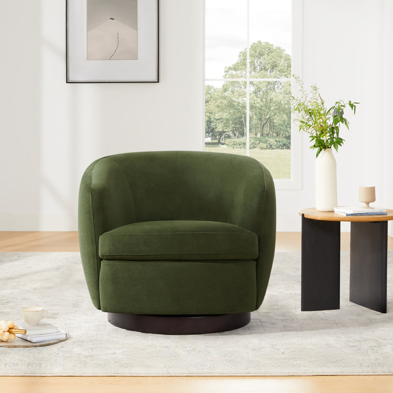 Fauteuil demi-tonneau pivotant rembourré Marcy, Velours performance Bella vert forêt / noir