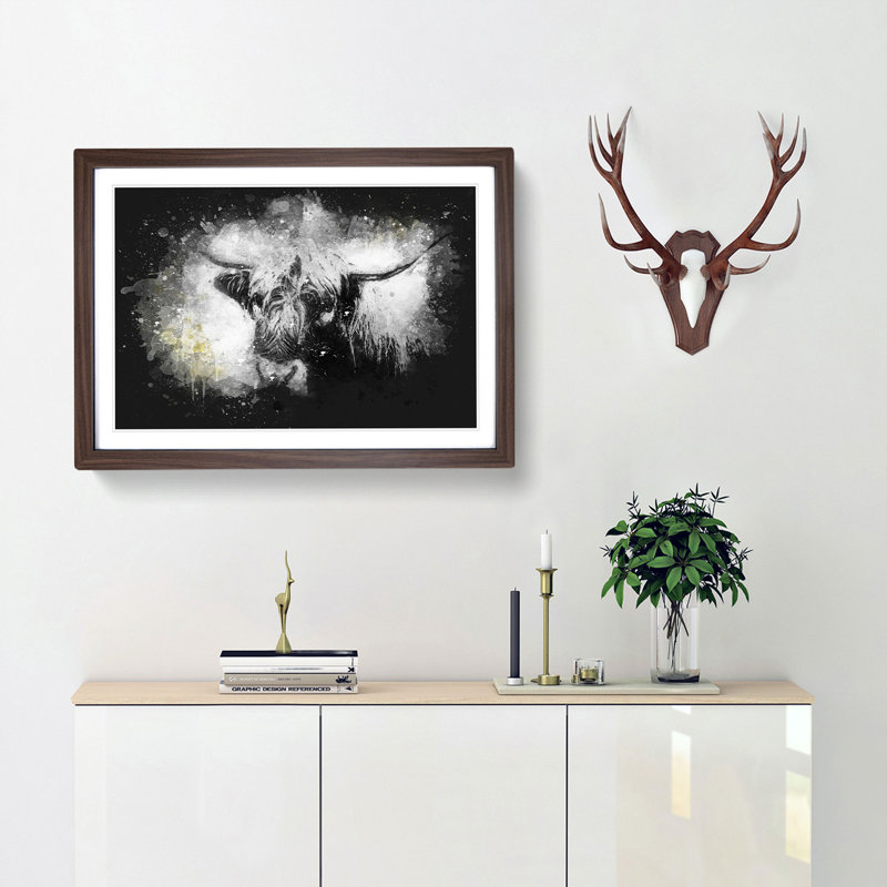 Paint Splattered Highland Cow Framed Print, 60cm H x 91cm W x 2cm D, Walnut Framed