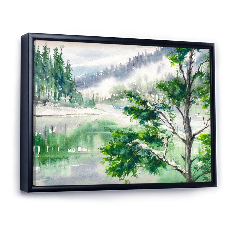 Lac - peinture sur toile, H 24 po x l 32 po, Cadre flottant noir