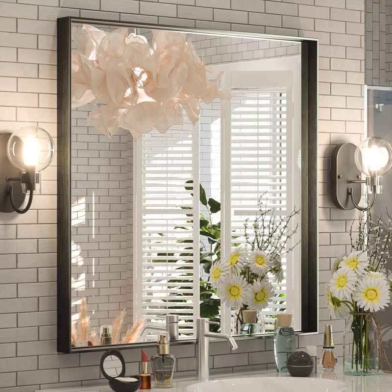Miroir de salle de bain rectangulaire avec cadre en aluminium et verre trempé, Noir, 36 po x 36 po