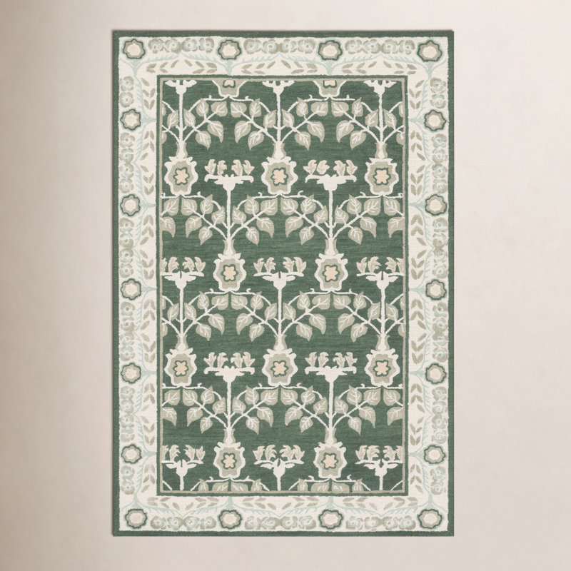 Tapis vert / ivoire en laine / coton / viscose touffeté à la main Sybil, Rectangle 6 pi x 9 pi