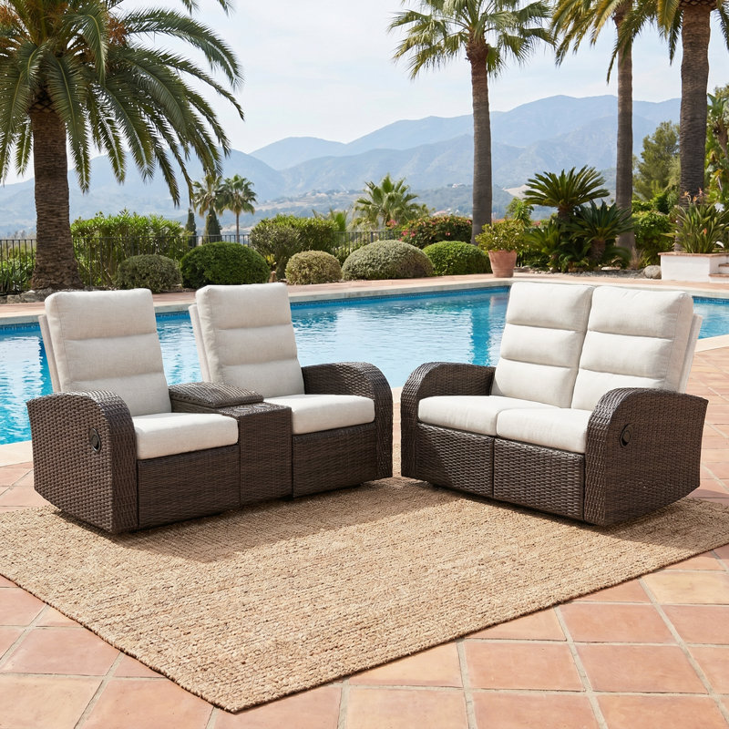 Oversized Wicker Outdoor Reclining Loveseat Sofa Set, 2-seater Recliner Couch With Storage & Cup Holder, Beige, Brown