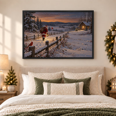 «Santa Claus Walking Lantern Red Cardinal Snowy Christmas», art mural sur toile