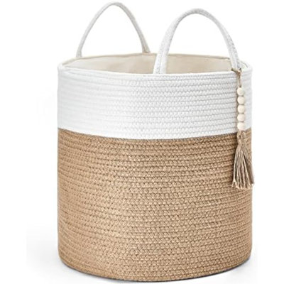 Woven Storage Basket Decorative Rope Basket Wooden Bead Decoration For Blankets,Toys,Clothes,Shoes,Plant Organizer Bin With Handles Living Room Home Decor, 15"Wx17.7"L,White 