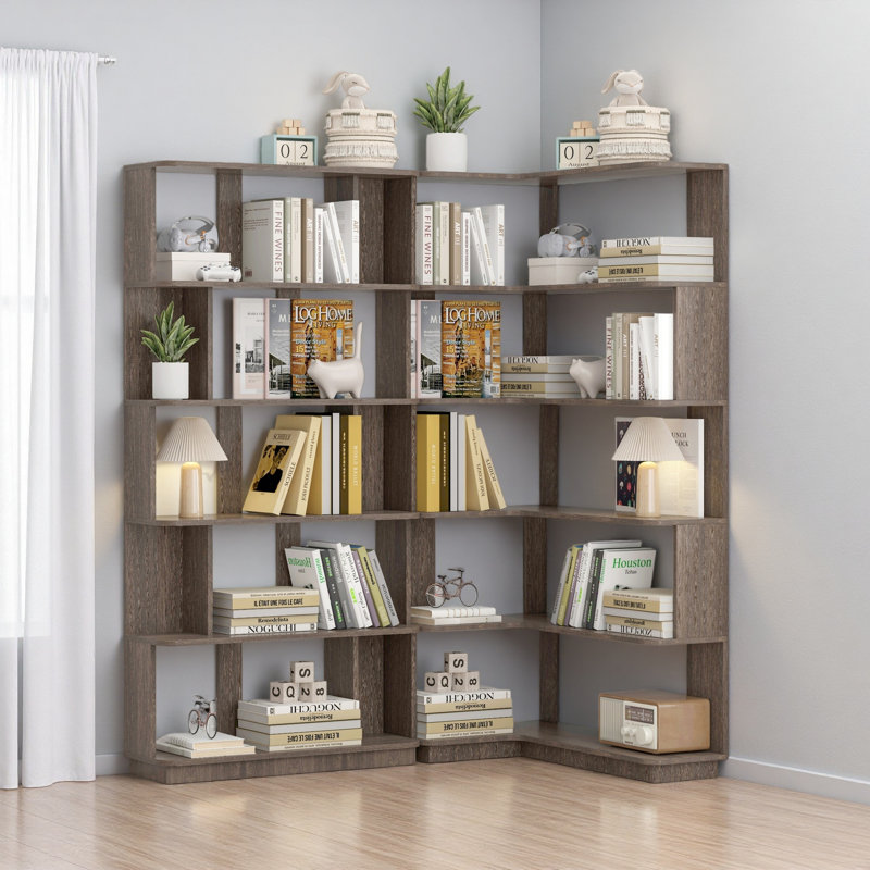 Bibliothèque d'angle peu encombrante de 90 cm + bibliothèque libre extensible de 80 cm, Marron foncé