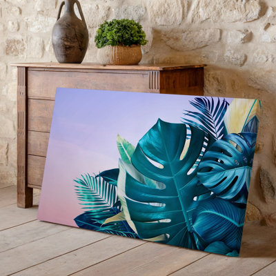Toile, composition vibrante mettant en vedette des feuilles tropicales luxuriantes dans un mélange harmonieux de couleurs, principalement des nuances de sarcelle, art mural sur toile