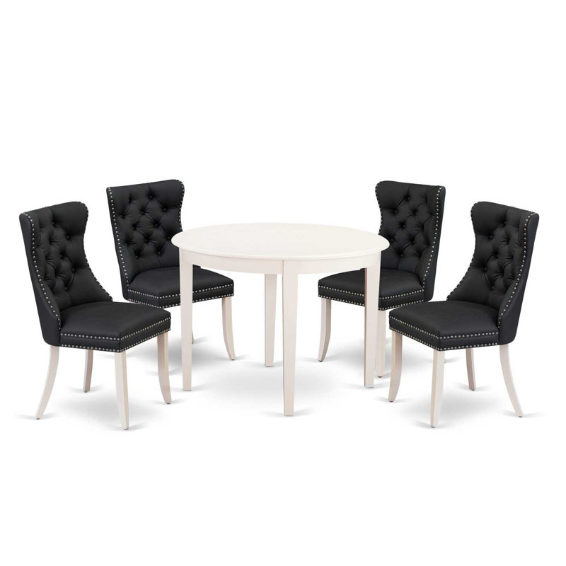 5-Piece Linen White Solid Wood Top - Round Upholstered Dining Room Set - (Seats-4), Black