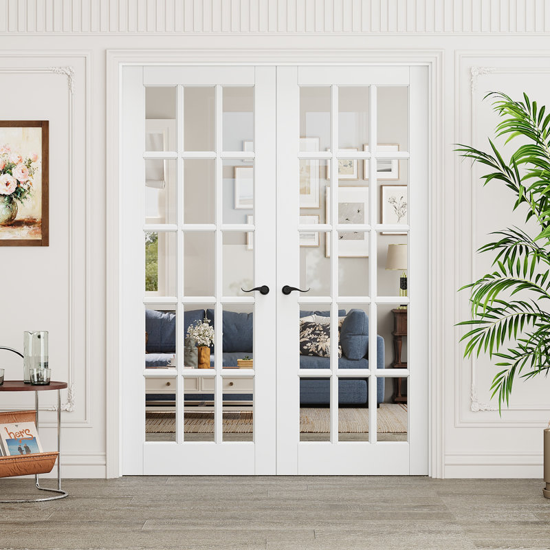15-Lite Clear Glass French Doors Interior White Primed Solid Core Pantry Door With Jamb / Handles, 60" x 80"