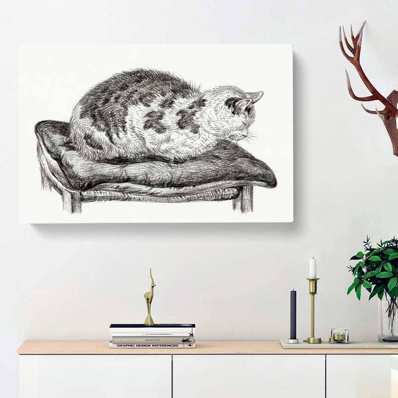 Cat Upon a Cushion by Jean Bernard - Wrapped Canvas Drawing - Wrapped Canvas, 40cm H x 60cm W x 3cm D