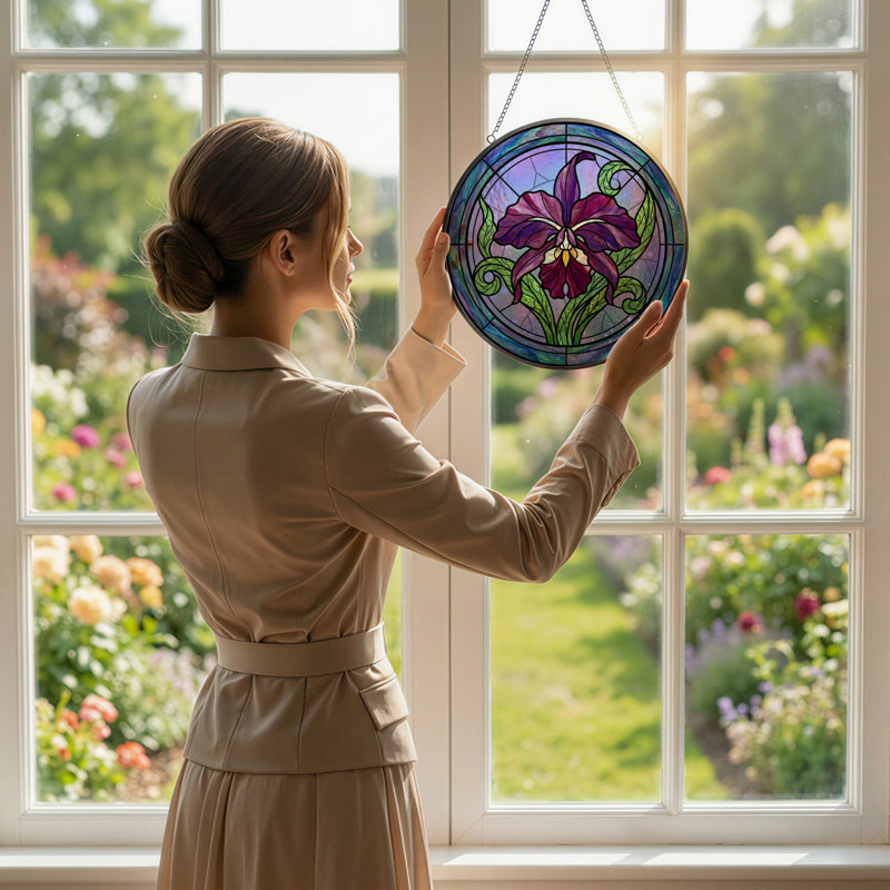 7.8"H Orchid Pattern Stained Glass Window Panel, 7.8" H x 7.8" W