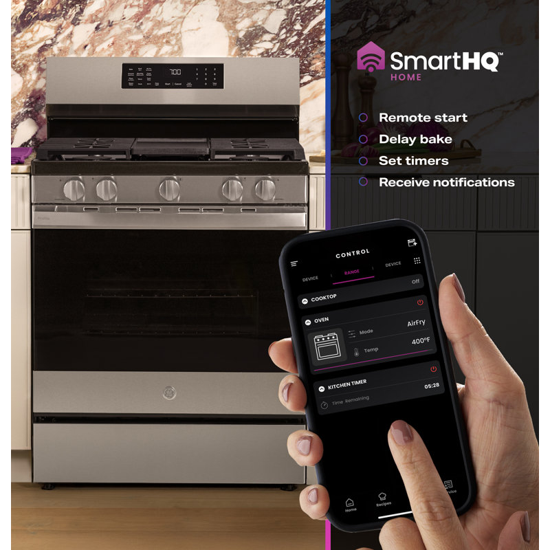 GE Profile 30” Smart Free-Standing Gas Convection Range with No Preheat Air Fry and EasyWas Oven Tray
