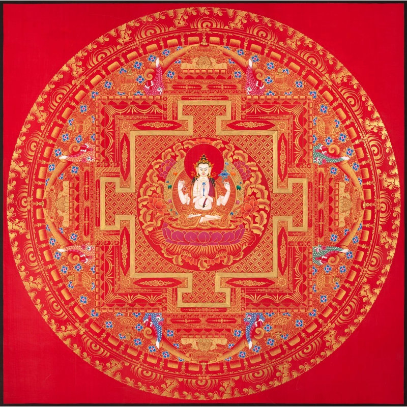 Red Background Chengrezig Mandala (Brocadeless Thangka)