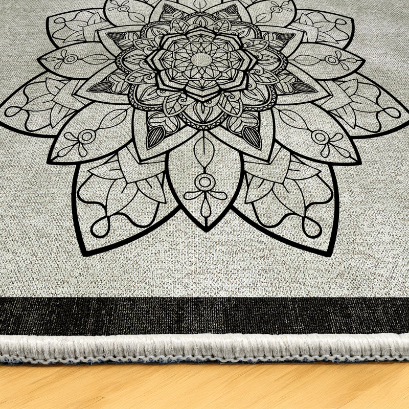 Qasida Collection Digital Print Cotton-Polyester Gray Black Moroccan Rug, Rectangle 6'7" x 8'3"