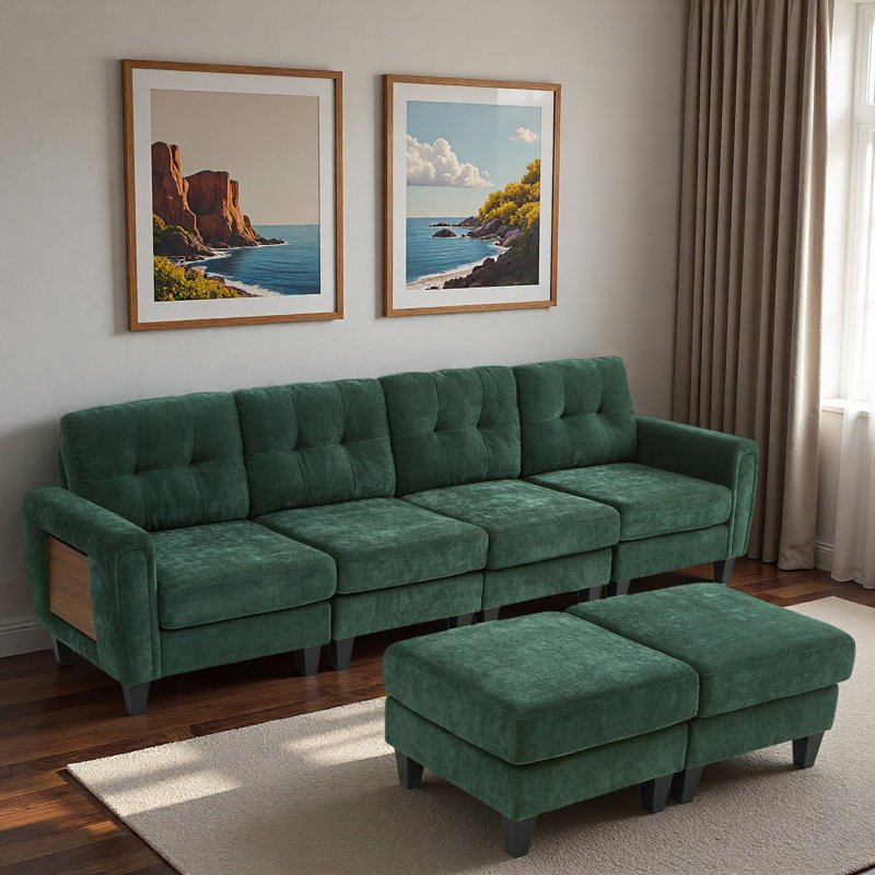 Canapé modulaire moderne avec 2 repose-pieds mobiles, ports USB et tables d'appoint, Chenille verte