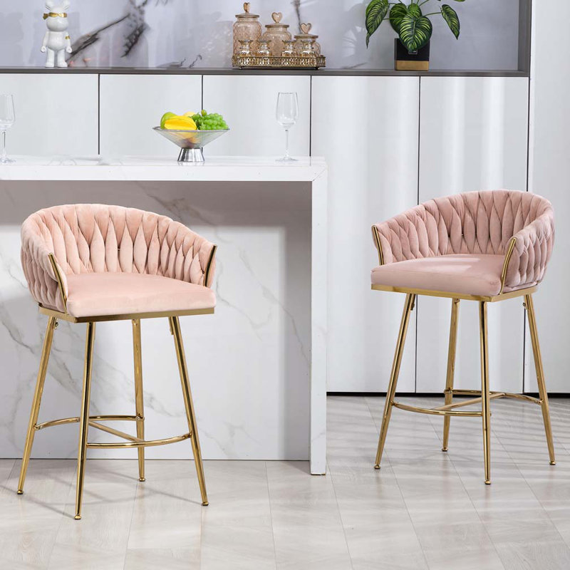 Velvet Upholstered Counter Height Bar Stools, Pink
