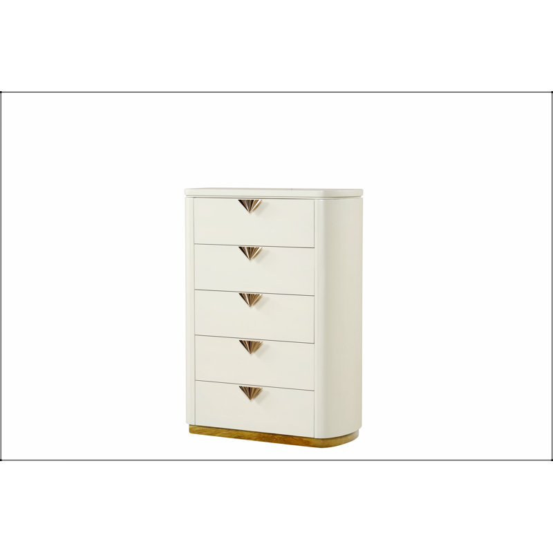 Commode 5 tiroirs La Pierre avec miroir à plateau ouvert, détails dorés et rangement spacieux pour les chambres élégantes