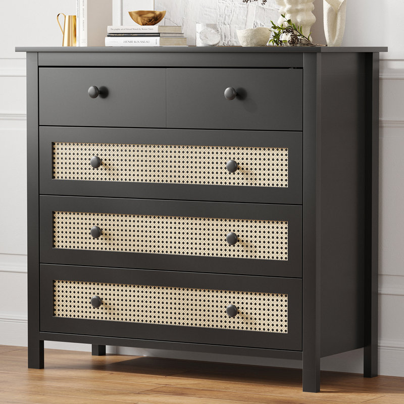 39.4'' W Rectangular Wooden Sideboard Buffet – Modern Rattan Design Storage Cabinet With 4 Drawers（Black）, Black