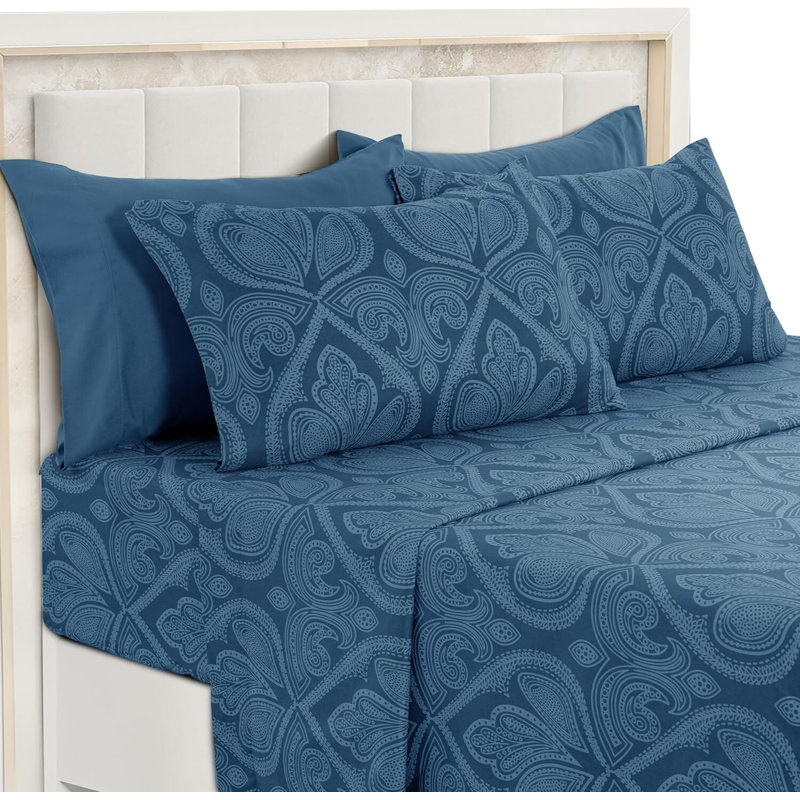 Navy Blue Paisley Queen 6-Piece Set, Made With Ultra-Soft Microfiber For Breathability And Comfort, Featuring 16-Inch Deep Pockets And Oeko-TEX Certification.