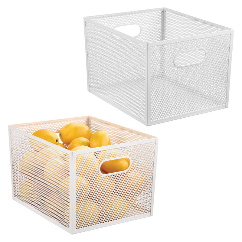 Perforated Metal Storage Bin with Handles for Kitchen and Pantry- Set of 2 - Matte White