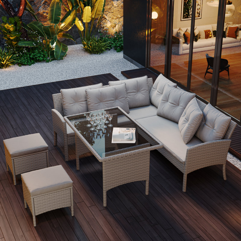 7 - Person Wicker Patio Dining Set with Rectangular Table, Beige, Beige