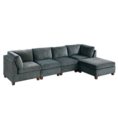 Tissu gris chenille - 5 pièces, chaise et base en bois