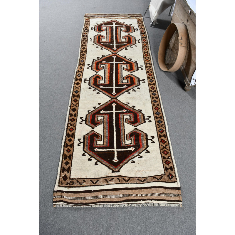 Tapis turc rétro tissé à la main avec motif géométrique pour décoration intérieure bohème en brun et brun / beige