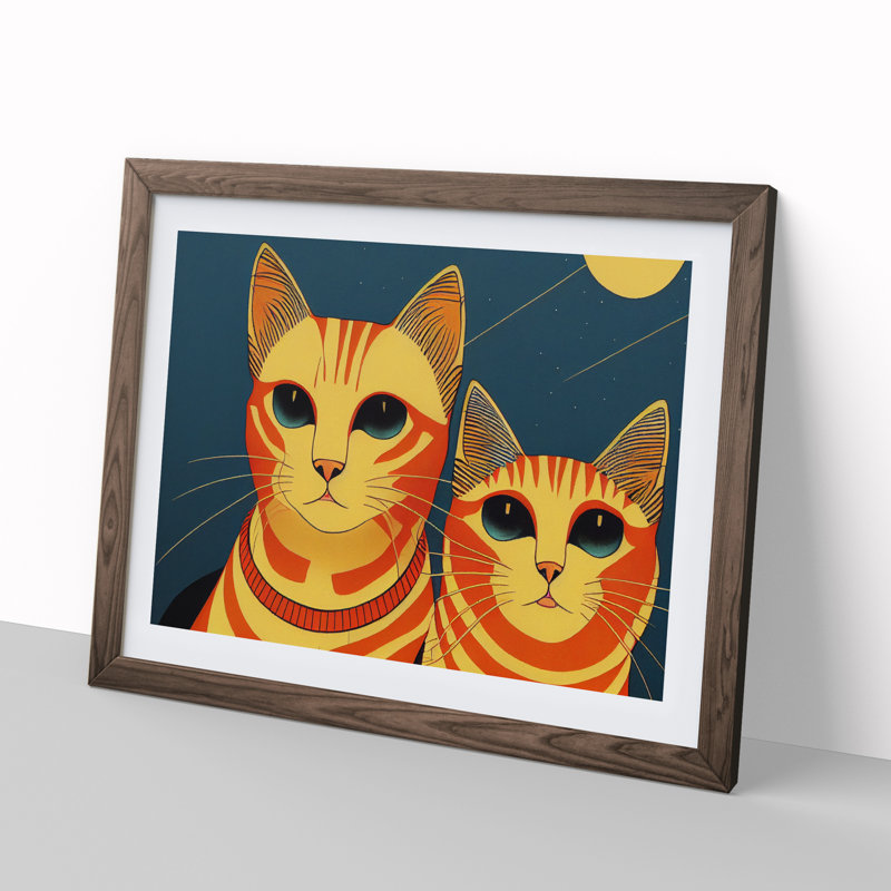 XH1022-9268X Two Art Deco Cats Vol.2 - Single Picture Frame Print, 25cm H x 34cm W x 2cm D, Walnut