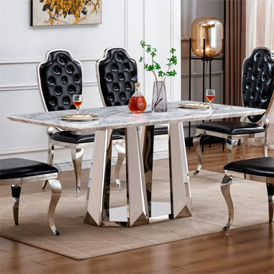 Marble Dining Table For 6 People, 70'' Rectangle Faux Marble Dining Table With Mirrored Finish Stainless Steel Base, Modern Large Size Marble Kitchen Table (Silver,Grey)(Only Table)