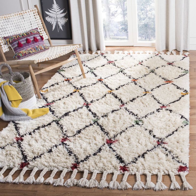 Powell Hand Tufted Nz Wool/Cotton Southwestern Rug in Ivory/Black, Rectangle 4' x 6'