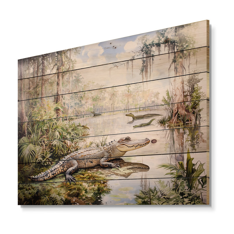 Crocodile antique II - art mural moderne sur bois de pin naturel, H 10 po x l 20 po