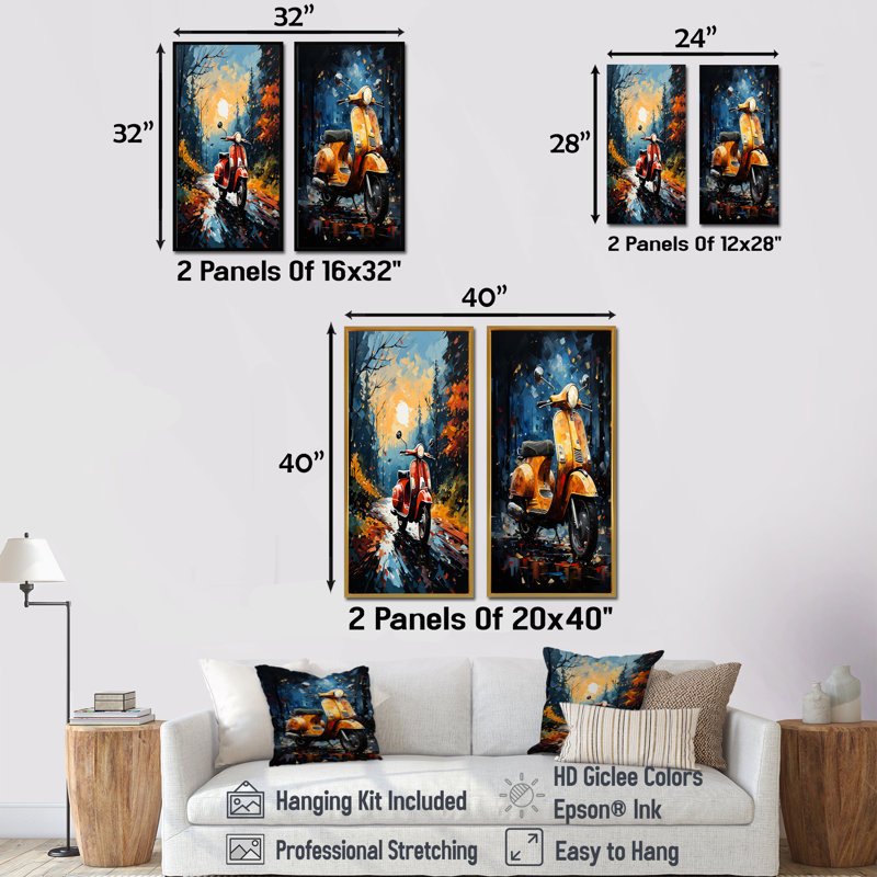 «Riding Scooter In The Country Autumn», ensemble de 2 impressions sur toile, Toile tendue, H 28 po x l 25 po