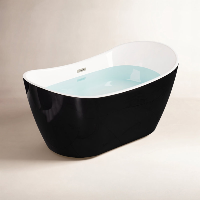 59'' x 29'' Freestanding Soaking Acrylic Bathtub, Black, Brushed Nickel