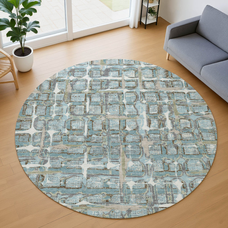 Machine Washable Indoor/Outdoor Chantille ACN2762 Geometric Rug, Teal, 8' Round