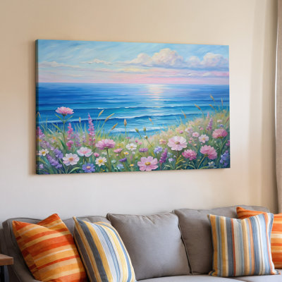 Printemps, fleurs, océan, paysage, bord de mer, prairie, scène florale, reproduction d'art sur toile pour le salon, la chambre à coucher, le bureau, le couloir, le vestibule, le mur de la galerie et la décoration intérieure moderne