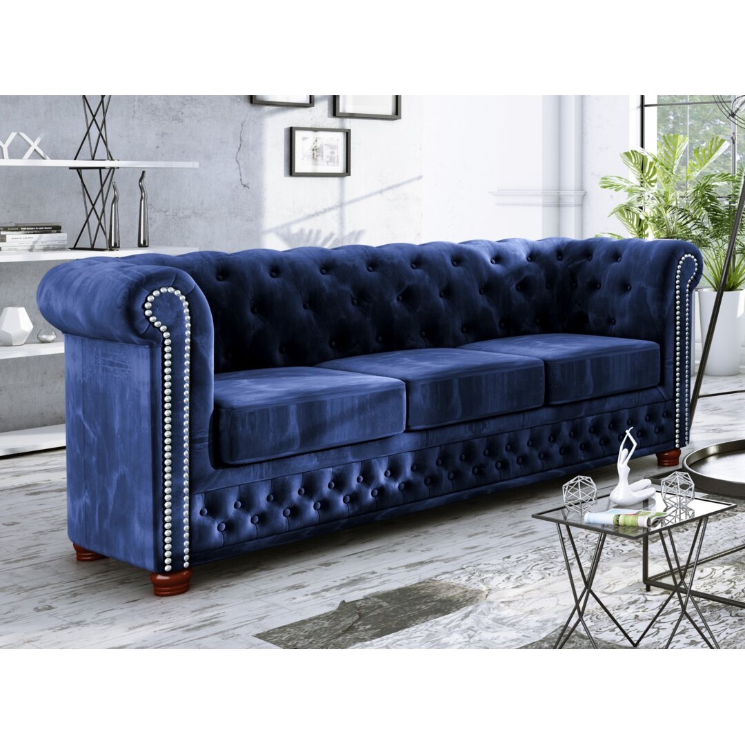 Chesterfield Anzla Sofa 3-Sitzer aus Samt-Stoff mit Holzfüßen