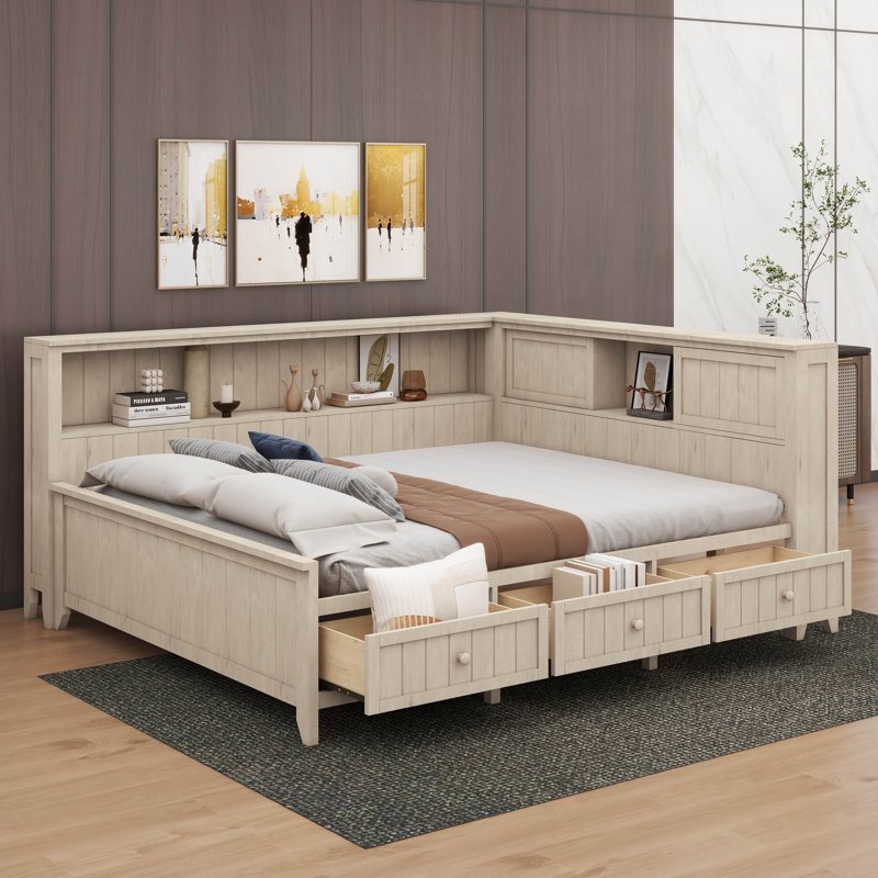 Stylish  Wood Daybed With Convenient Storage Shelves And Drawers, Full