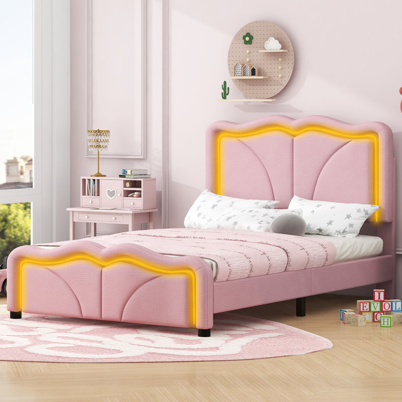 Lit plateforme tapissier avec motifs ondulés, tête de lit à hauteur ajustable et bandes lumineuses à DEL, Simple, Rose