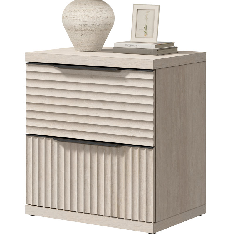 Modern Fluted 2-Drawer Nightstand, White Alder