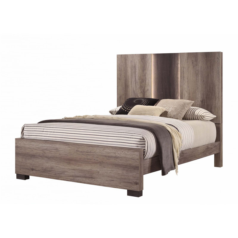 Panel LED Light Headboard Bed 1pc(Only Bed), Brown, King