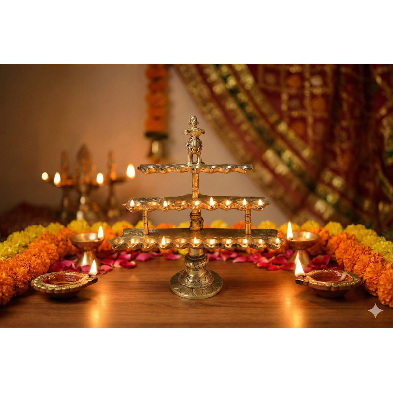 10" Brass Aarti Diya with 28 Wicks and Handle - Traditional Jhari Batti Style Multi-Layer Oil Lamp for Hindu Temple Prayer Ceremony Decor