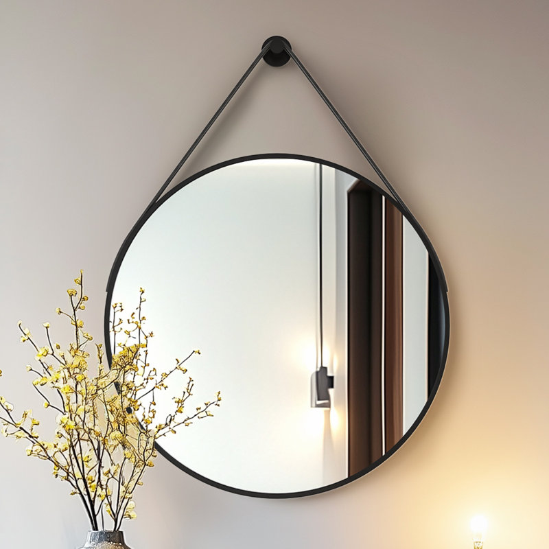 24'' Round Coastal Wall Mirror Brushed Black Aluminum Frame , 23.62" x 23.62", Black