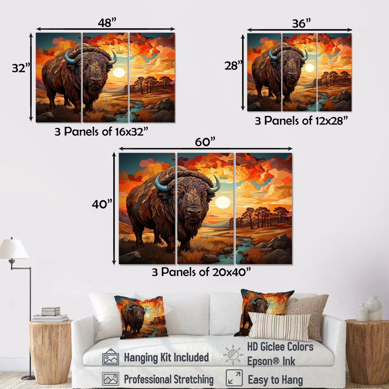 «Native Buffalo Guardian of Meadow», ensemble d'art mural amérindien, H 40 po x l 60 po