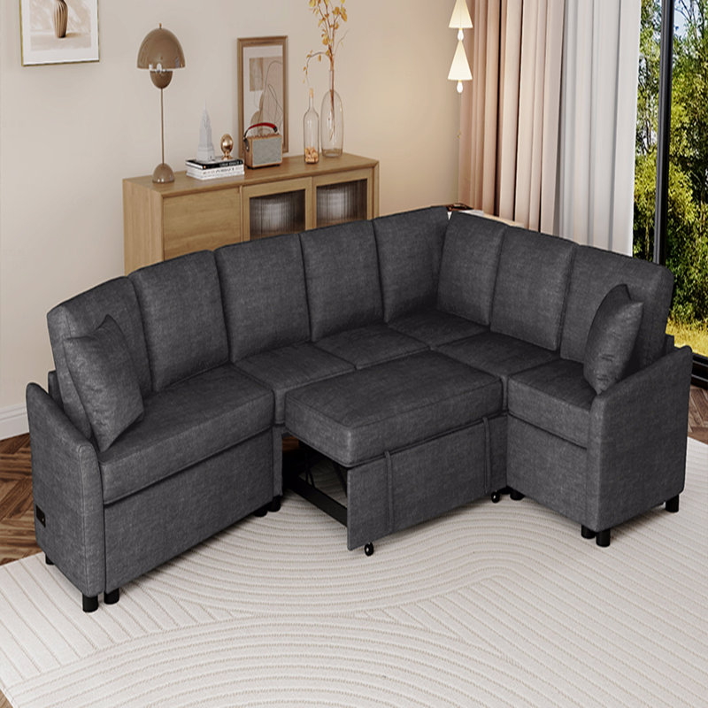 Sleeper, 124.8"L-Shaped Sofa Convertible Sofa Bed Pull Out Sofa  With Two Back Throw Pillows, Two Usb Ports And Two Power Sockets